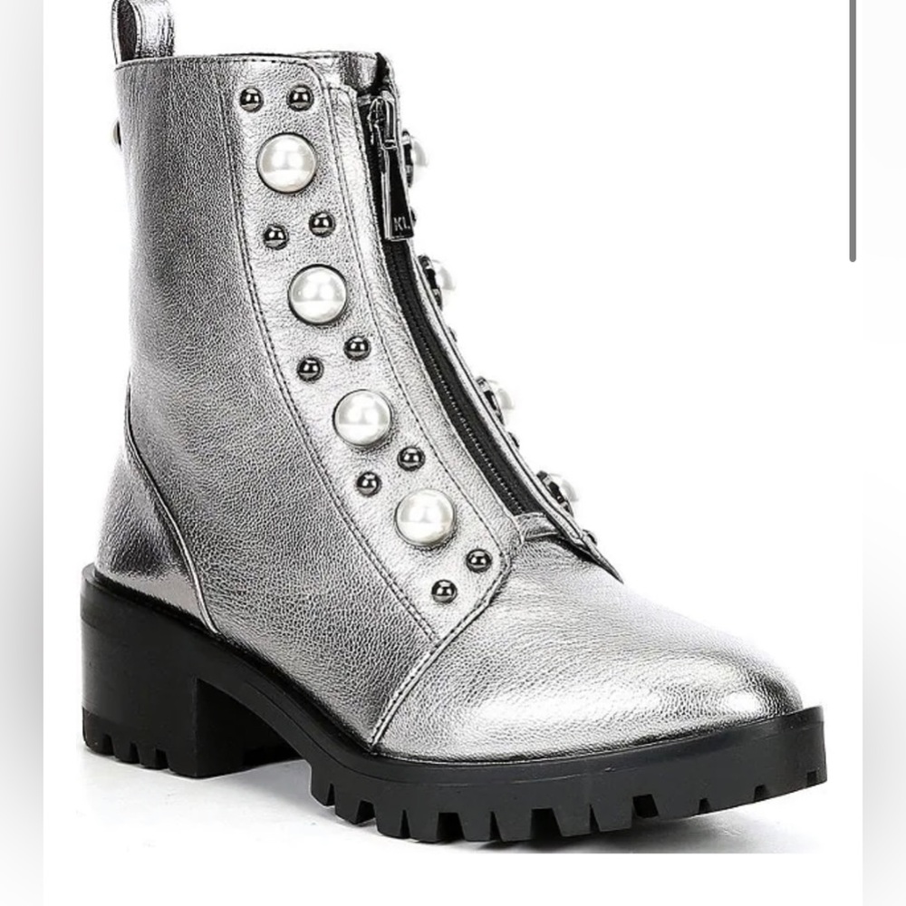 Karl Largerfeld Payden Pearl Stud Zip Metallic Leather Chunky Lug Sole Boots NEW